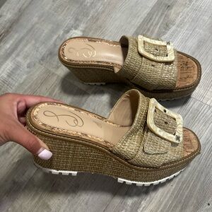 Women’s Beige Wedge Slide Sandals with Buckle